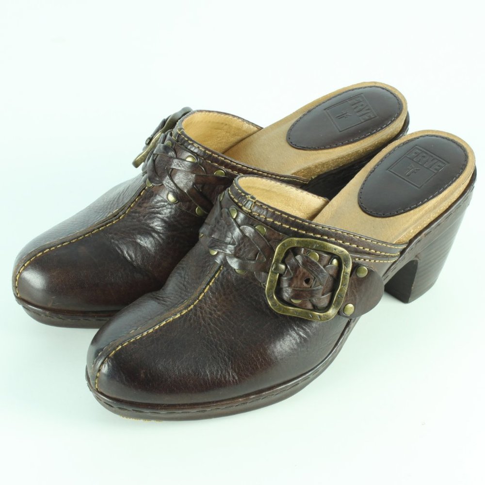 Frye Candice Woven Leather Clogs Womens 7.5 Brown Leather Buckle Harness Shoes